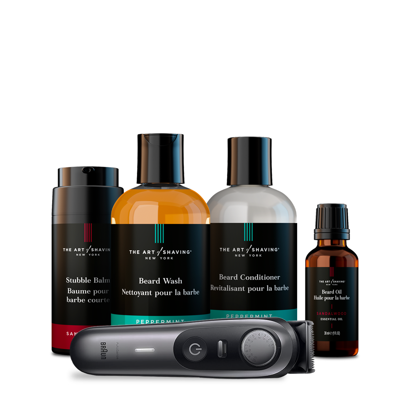 An elite four-piece grooming system featuring our premium Peppermint Wash and Conditioner, Sandalwood Beard Oil, and the high-performance Braun All-in-One Series 7 Trimmer. 