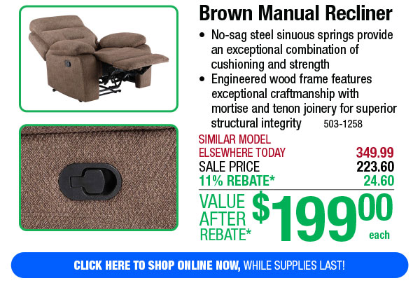 Brown Manual Recliner - Free Shipping To Store!