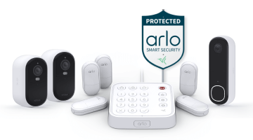 Arlo Home Security System with 5 All-in-One Sensors, 2 Essential 2nd Gen Outdoor Security Cameras, a Video Doorbell, and a Yard Sign.
