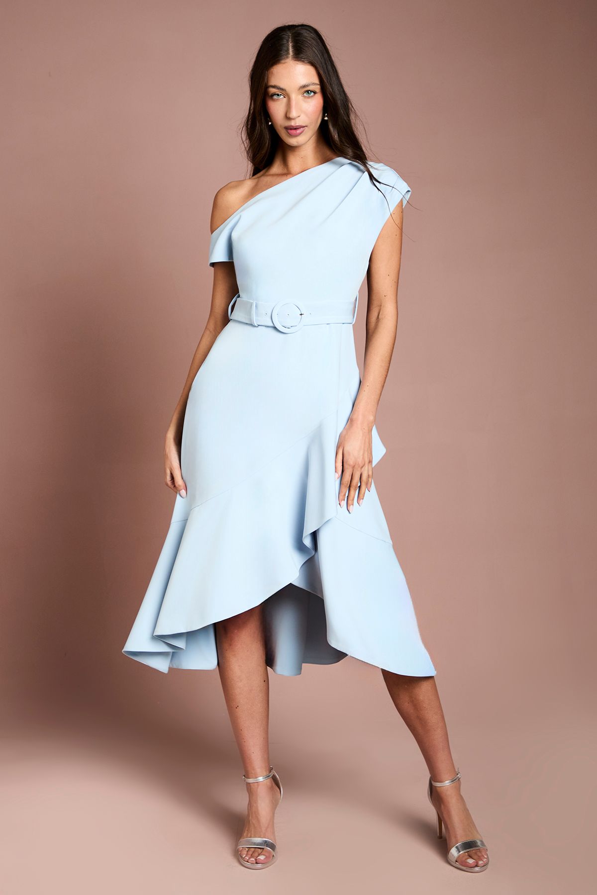 Petite Drape Shoulder Frill Detail Crepe Midi Dress