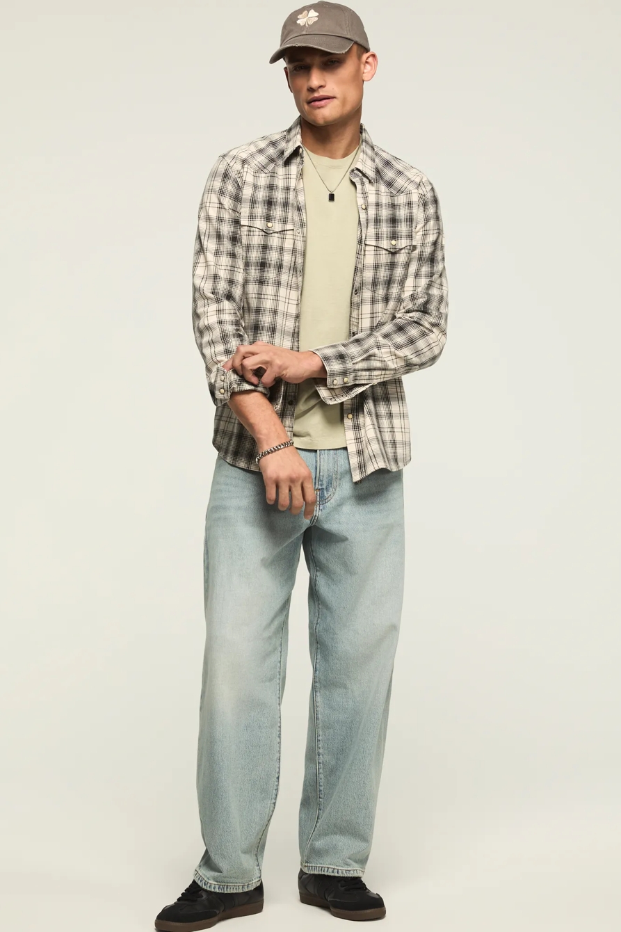 Image of Lucky Brand Sulfur Twill Long Sleeve Western Shirt - Men's Clothing Outerwear Shirt Jackets in Cream Multi