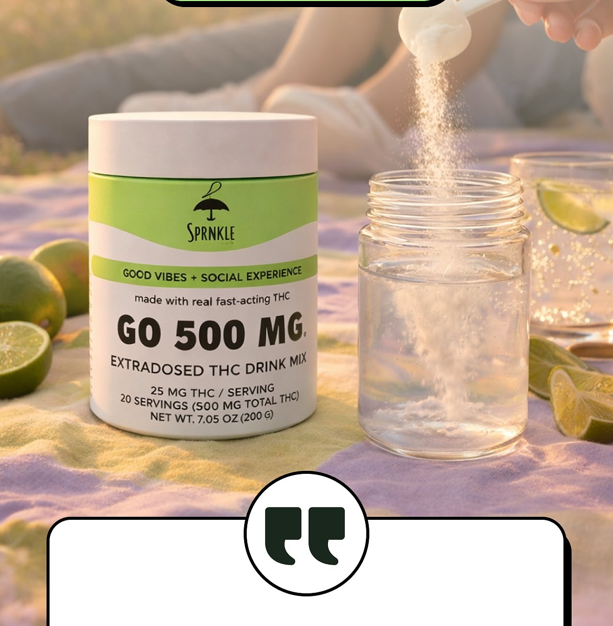 Container of THC drink mix next to a glass of water and limes on a picnic blanket.