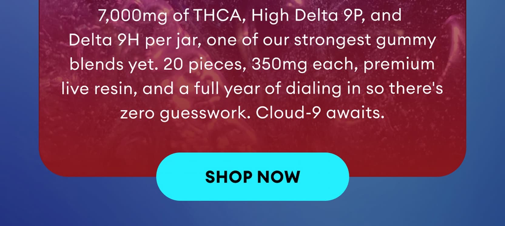 7,000mg of THCA, High Delta 9P, and Delta 9H per jar, one of our strongest gummy blends yet. 20 pieces, 350mg each, premium live resin, and a full year of dialing in so there's zero guesswork. Cloud-9 awaits. | Shop Now
