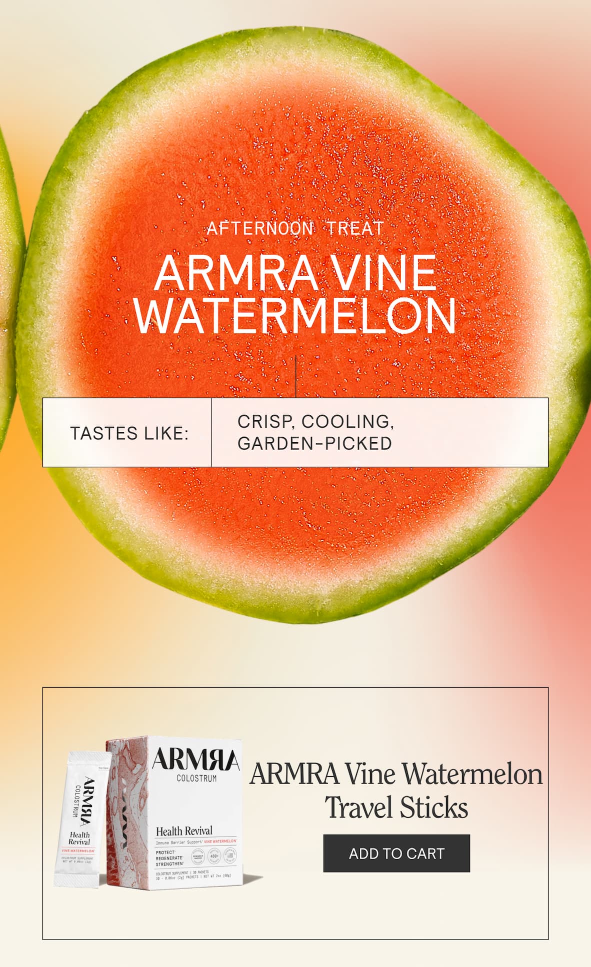 Watermelon slice background with text ‘ARMRA Vine Watermelon’ and taste notes: crisp, cooling, garden-picked.