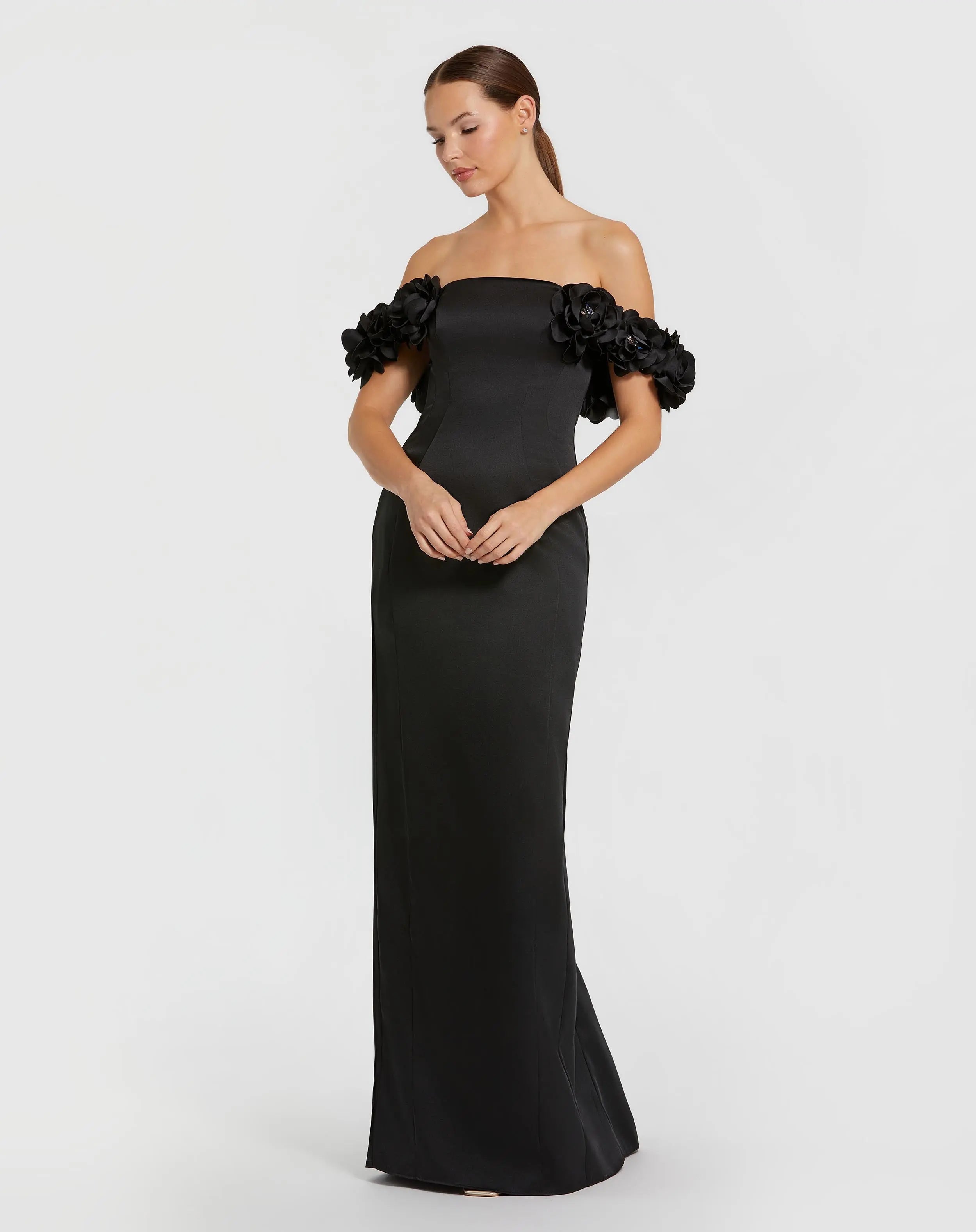 Image of Black Satin 3D Flower Off The Shoulder Mermaid Gown