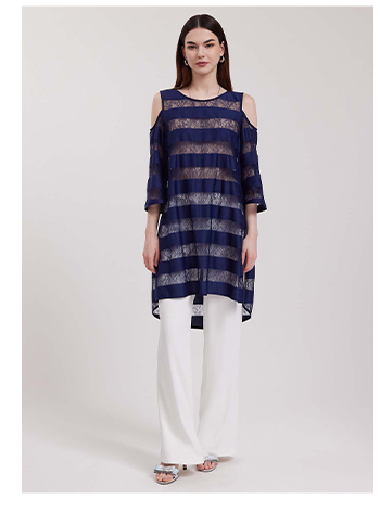 Dark Navy High-Low Tunic Dress with Sheer Lace Panels and Cold Shoulder