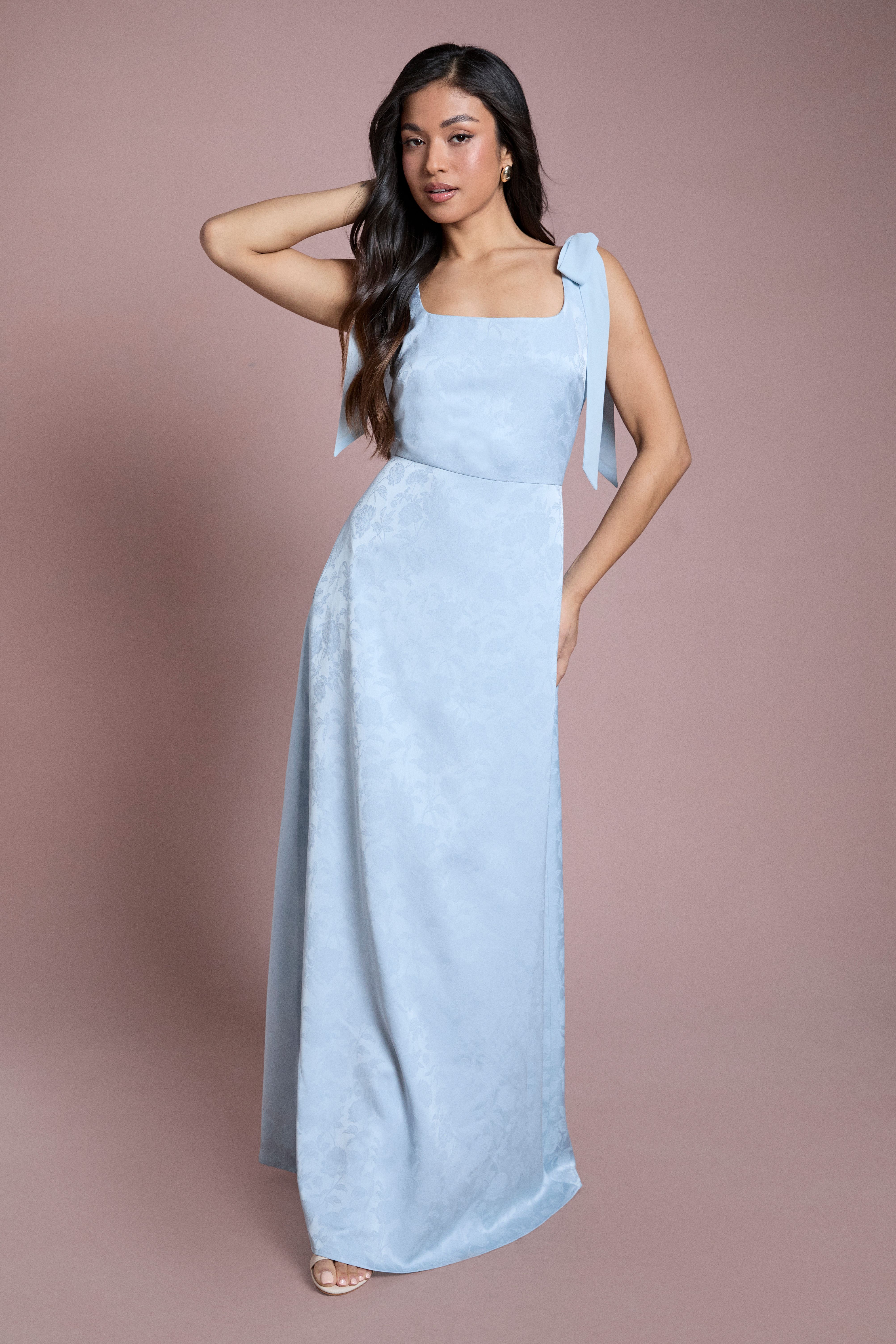 Petite Light Blue Square Neck Chiffon Tie Shoulder Satin Jacquard Bridesmaid Maxi Dress