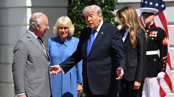 (L-R) King Charles III, Queen Camilla, President Donald Trump and first lady Melania Trump are seen during a farewell ceremony at the White House.