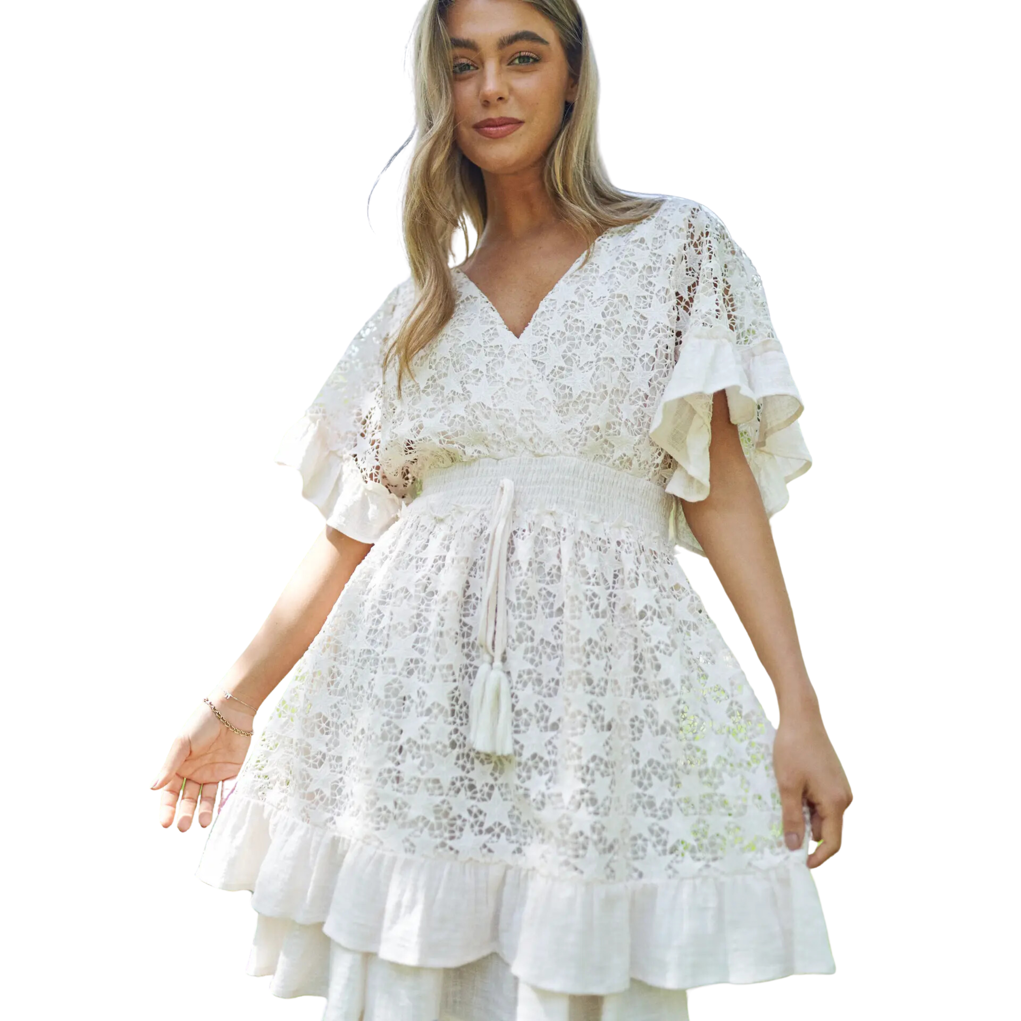 Image of Crochet Stars V Neck Dress with Ruffles