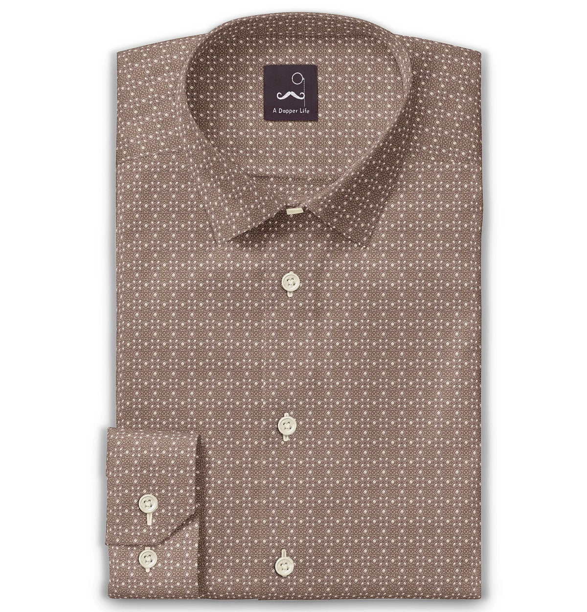 Image of Pure Cotton - Semi-Spread Collar - Long Sleeve - Coffee Filigree