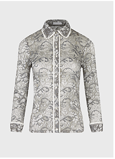 Grey Long Sleeve Sheer Lace Shirt With Floral Designs & White Trim