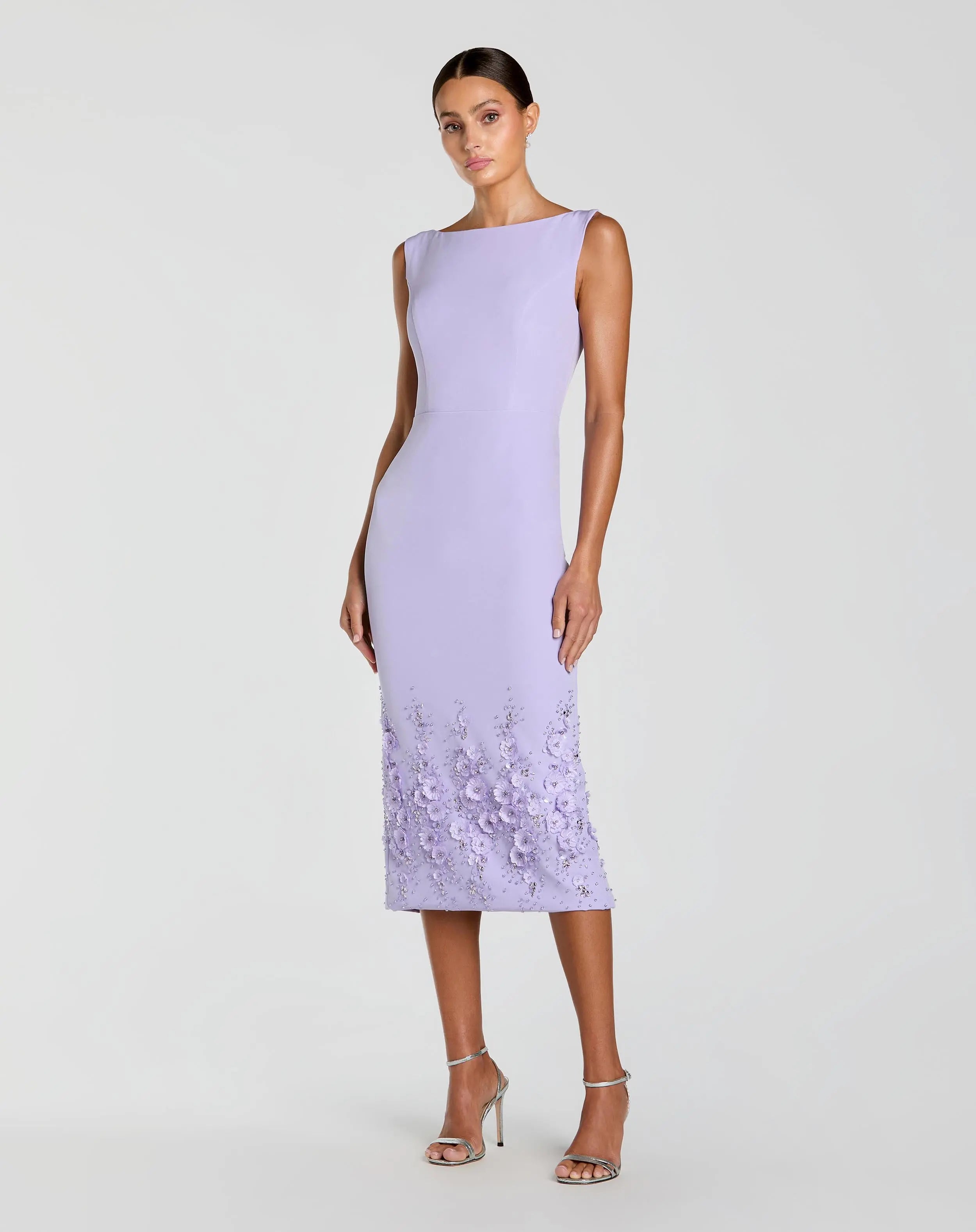 Image of Purple Crepe Sleeveless Midi Dress With Flower Beading