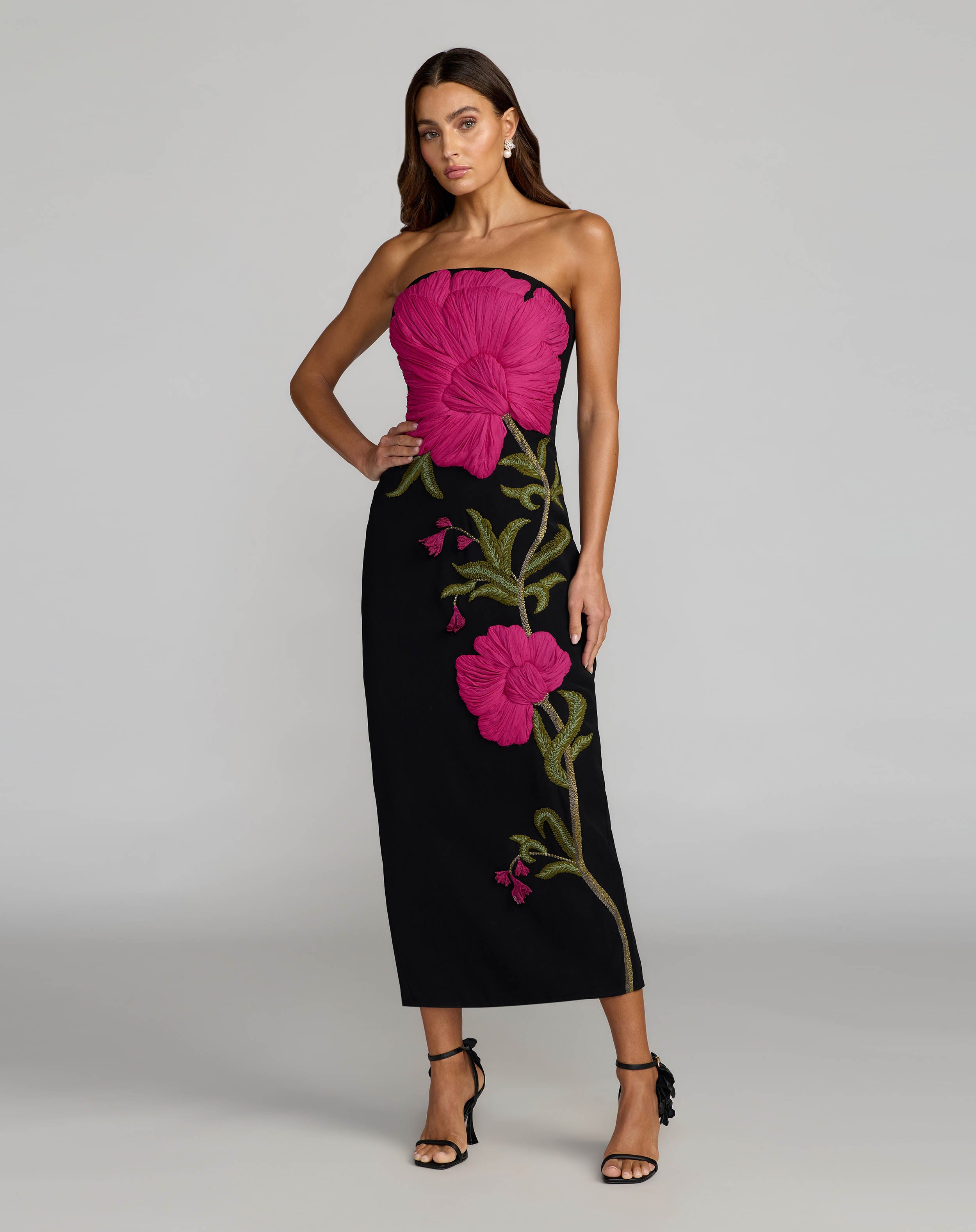 Image of Black Strapless Floral Embroidered Midi Dress