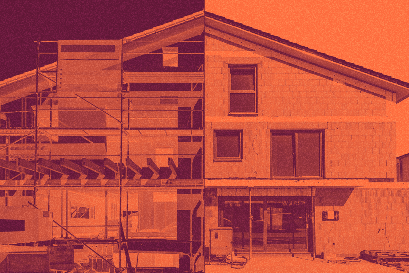 Photo collage showing a house under construction, with scaffolding and palettes in front and trim and siding removed, in shades of red.
