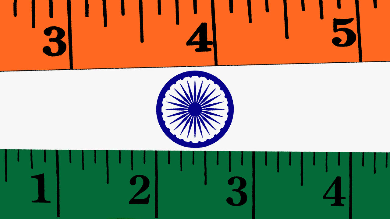 Illustration of the Indian flag with measuring tape divisions on the yellow and green stripes