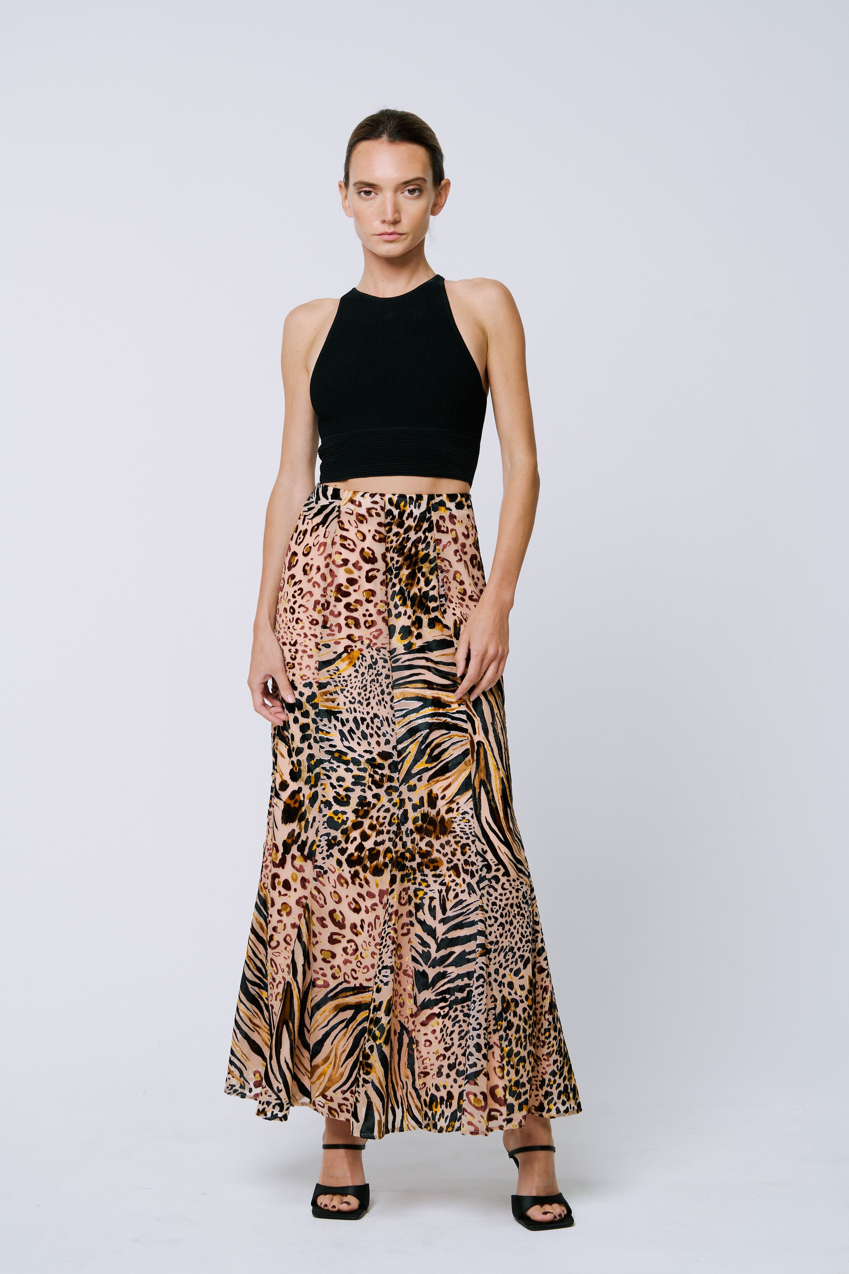 Image of Antonia Velvet Animal Print Maxi Skirt