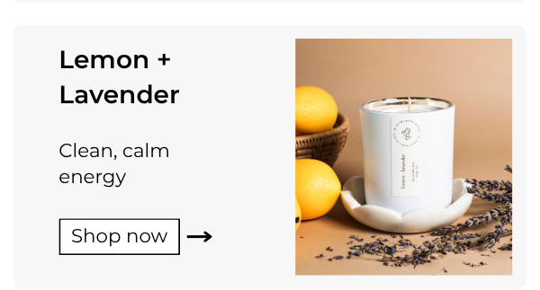 styled image of lemon + lavender candle (fresh + clean) wiht lemons and lavender, name, and product description