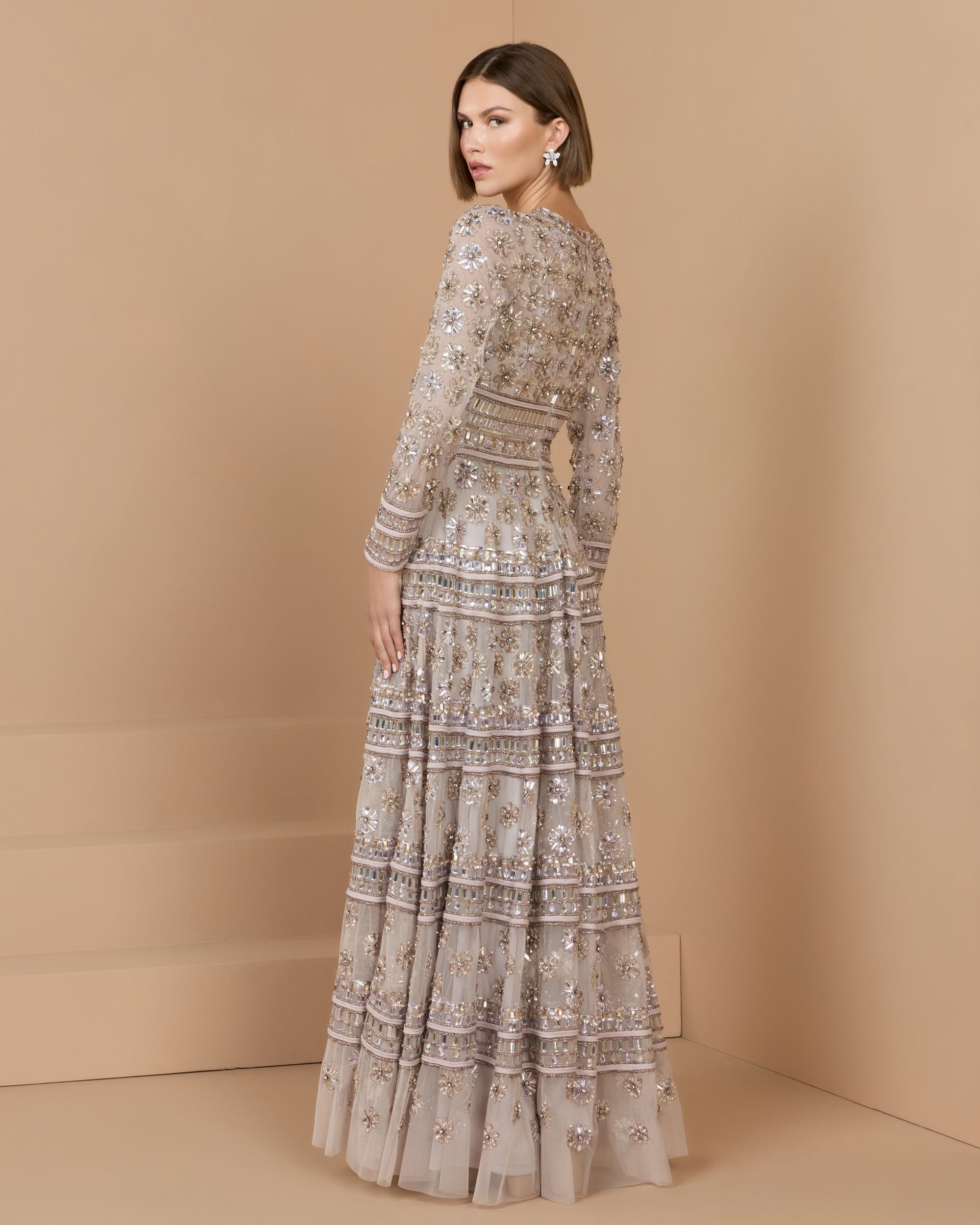 Image of Purple Embellished Long Sleeve A-Line Gown