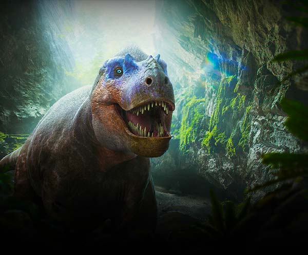 Rose the Albertosaurus, a carnivorous tyrannosaurid with short arms and sharp teeth, roaring inside a mossy cave