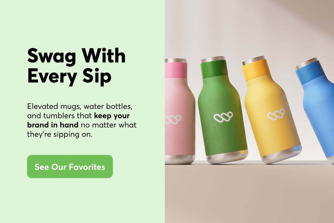 Four multi-colored branded water bottles leaning against each other, with a header that says "Swag with Every Sip."