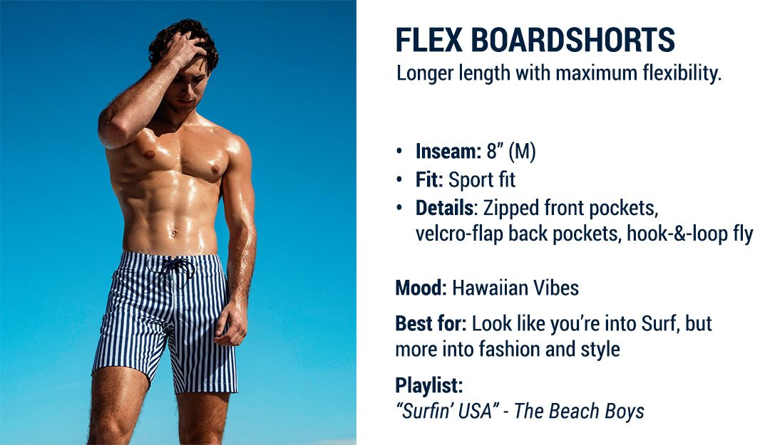 DC2 Shorts Fit Guide — Fast Lines Navy Blue Flex Boardshorts featuring 8-inch inseam and sport fit design.