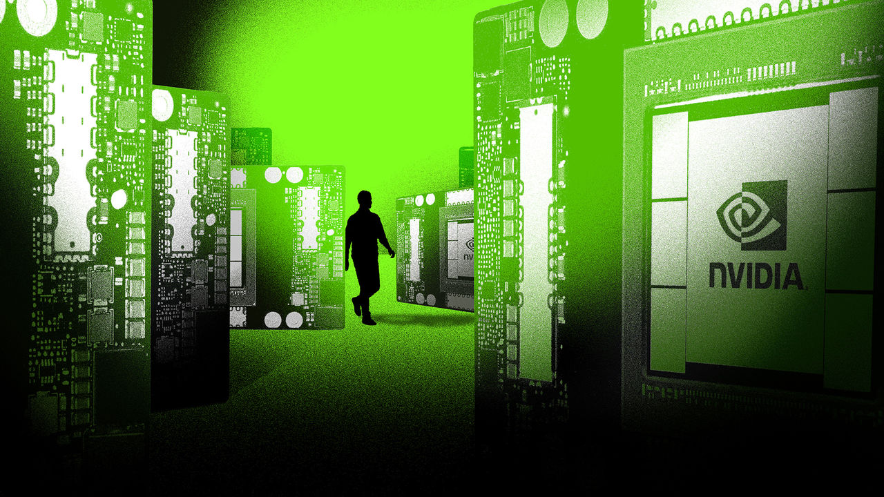 This illustration features a silhouetted person walking through a digital landscape composed of oversized computer chips and circuit boards. Prominently displayed is the NVIDIA logo on one of the chips, suggesting the setting is a symbolic representation o