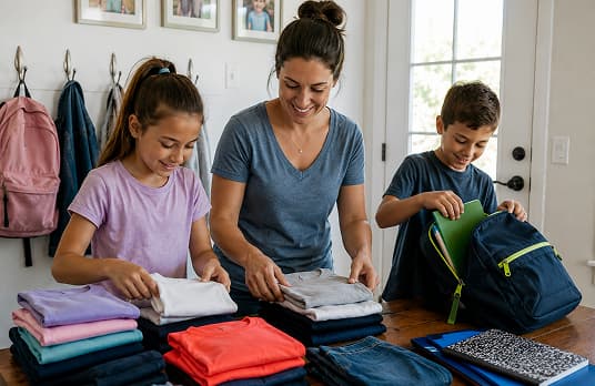 Mom with her children folding back to school blank apparel 