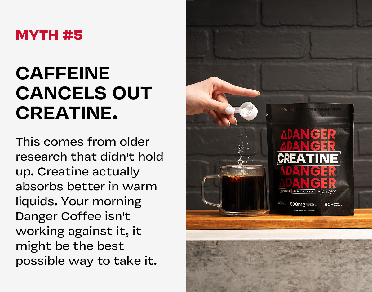 "Caffeine cancels out creatine." Text debunking myth, beside powder poured into coffee mug.