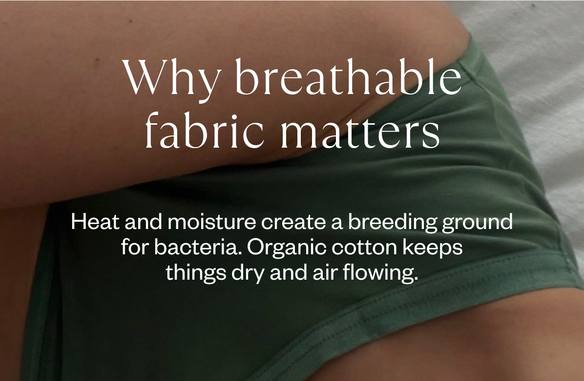 Woman wearing green organic cotton underwear with text about breathable fabric helping reduce heat and moisture buildup.