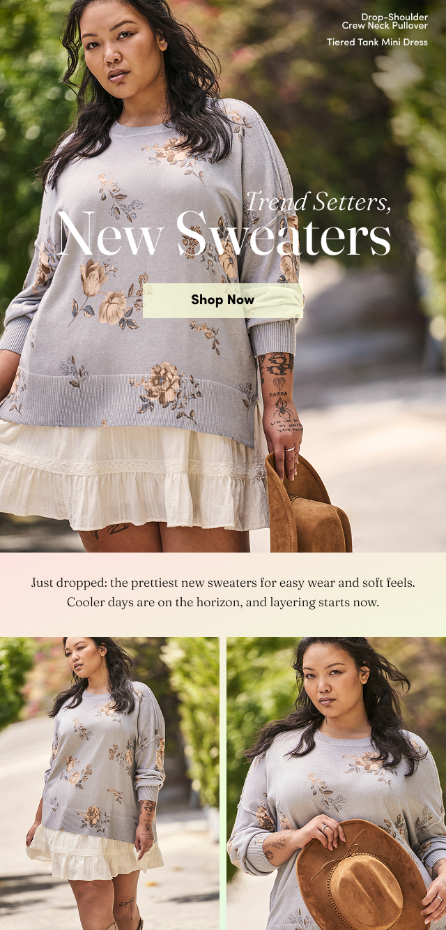 Drop-Shoulder Crew Neck Pullover Tiered Tank Mini Dress | Trend Setters: New Sweaters | Shop Now > | Just dropped: the prettiest new sweaters for easy wear and soft feels. Cooler days are on the horizon, and layering starts now.