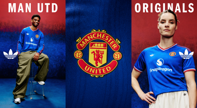 Triptych style design featuring a male model, a female model, and the Manchester United crest showcased on the new Man Utd Jersey