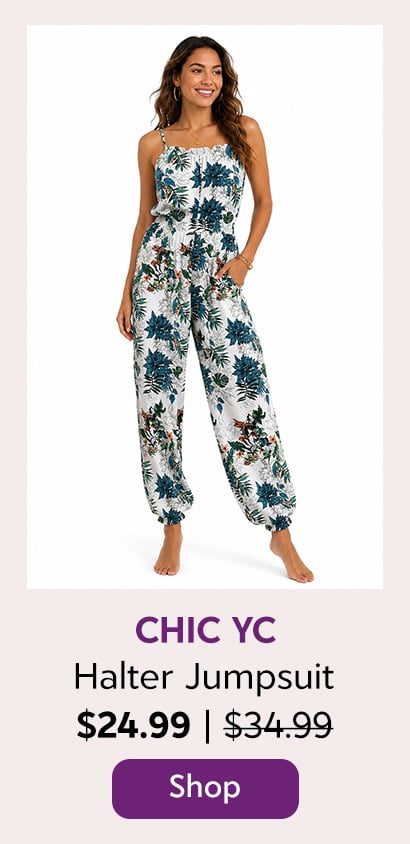 Chic YC Women's Tropical Print Halter Jumpsuit Summer Boho Sleeveless Wide-Leg Romper
