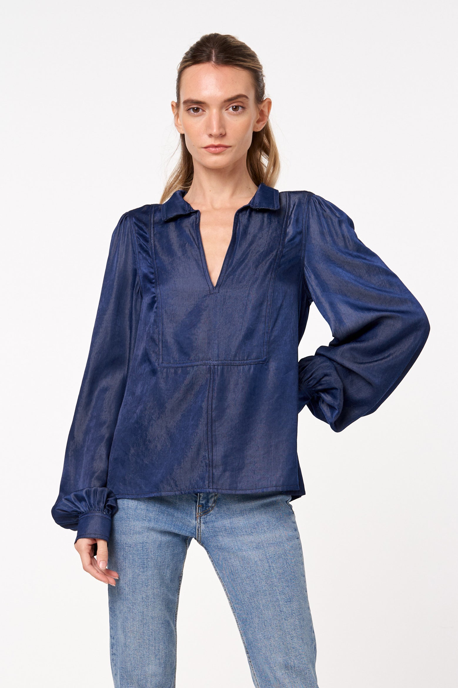 Image of Xavia Denim Effect Long Sleeve Top