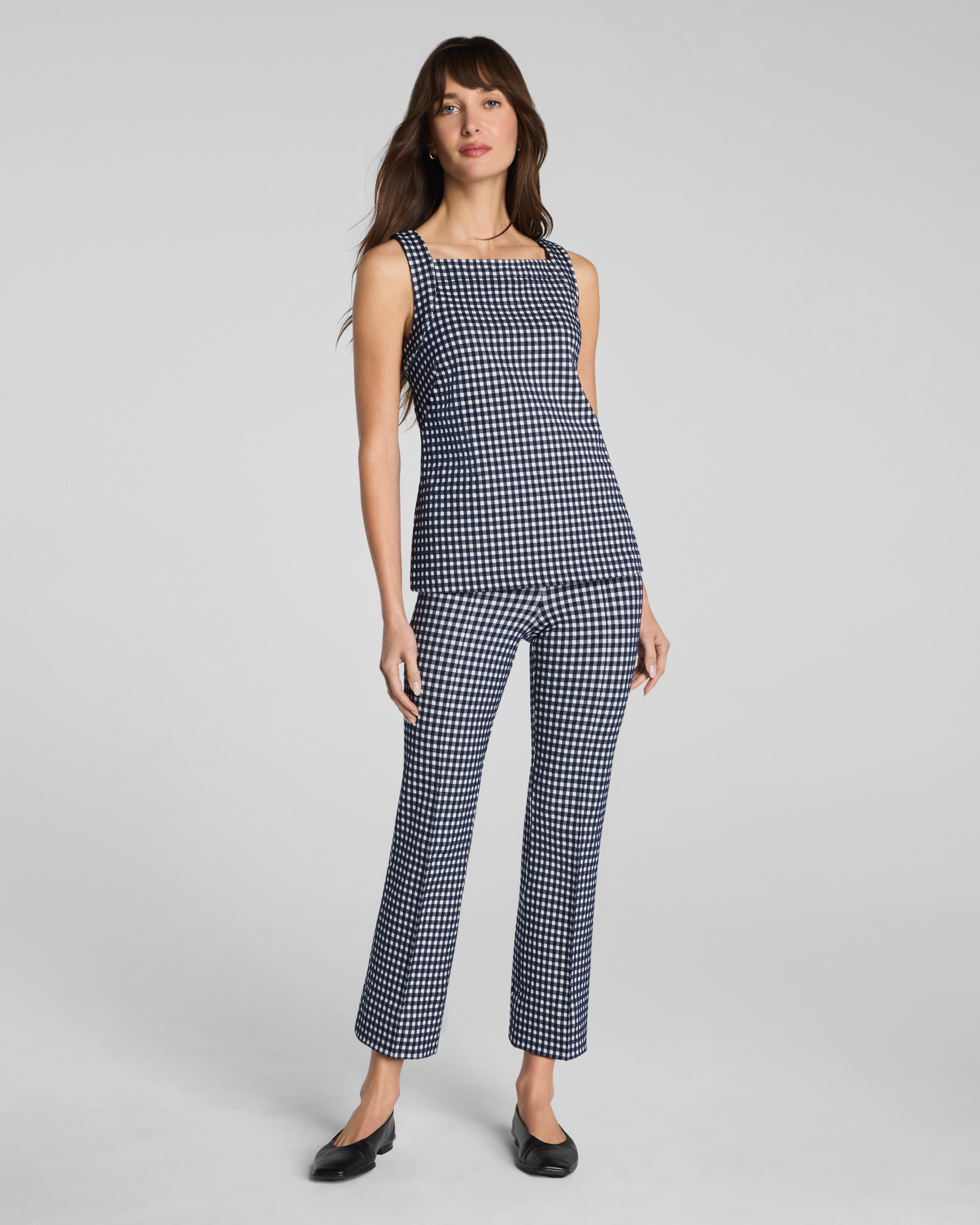 Image of Spanx Women's SPANXsupersmooth® PerfectFit Ponte Kick Flare Pants with Pintuck in Timeless Navy Gingham