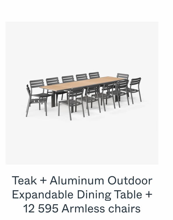 Teak + Aluminum Outdoor Expandable Dining Table + 12 595 Armless Chairs