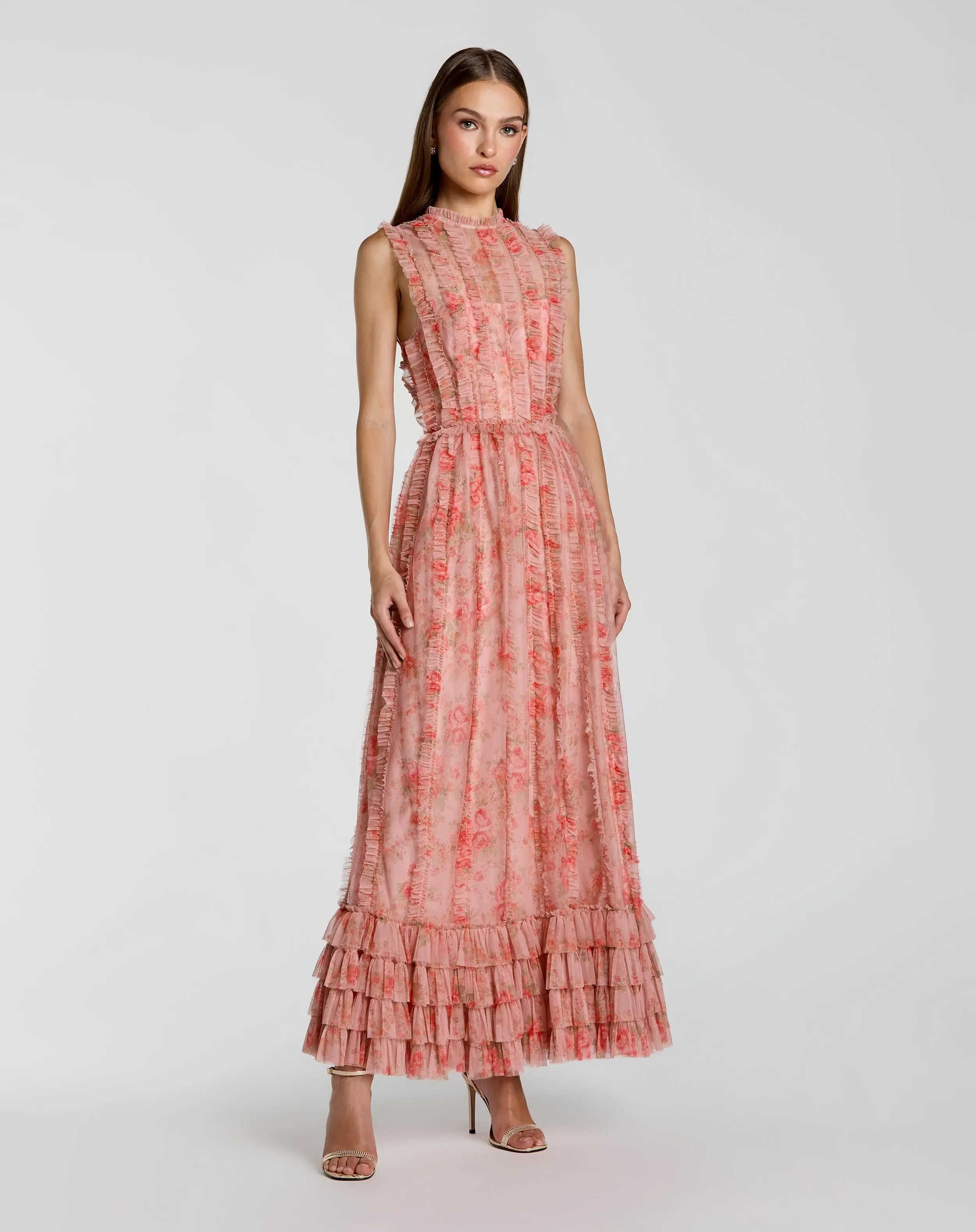 Image of Pink Sleeveless Tiered Ruffle Floral Maxi Dress