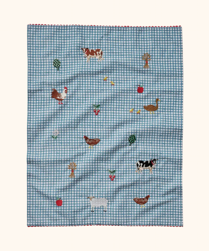 Country Farm Gingham Embroidered Tea Towel