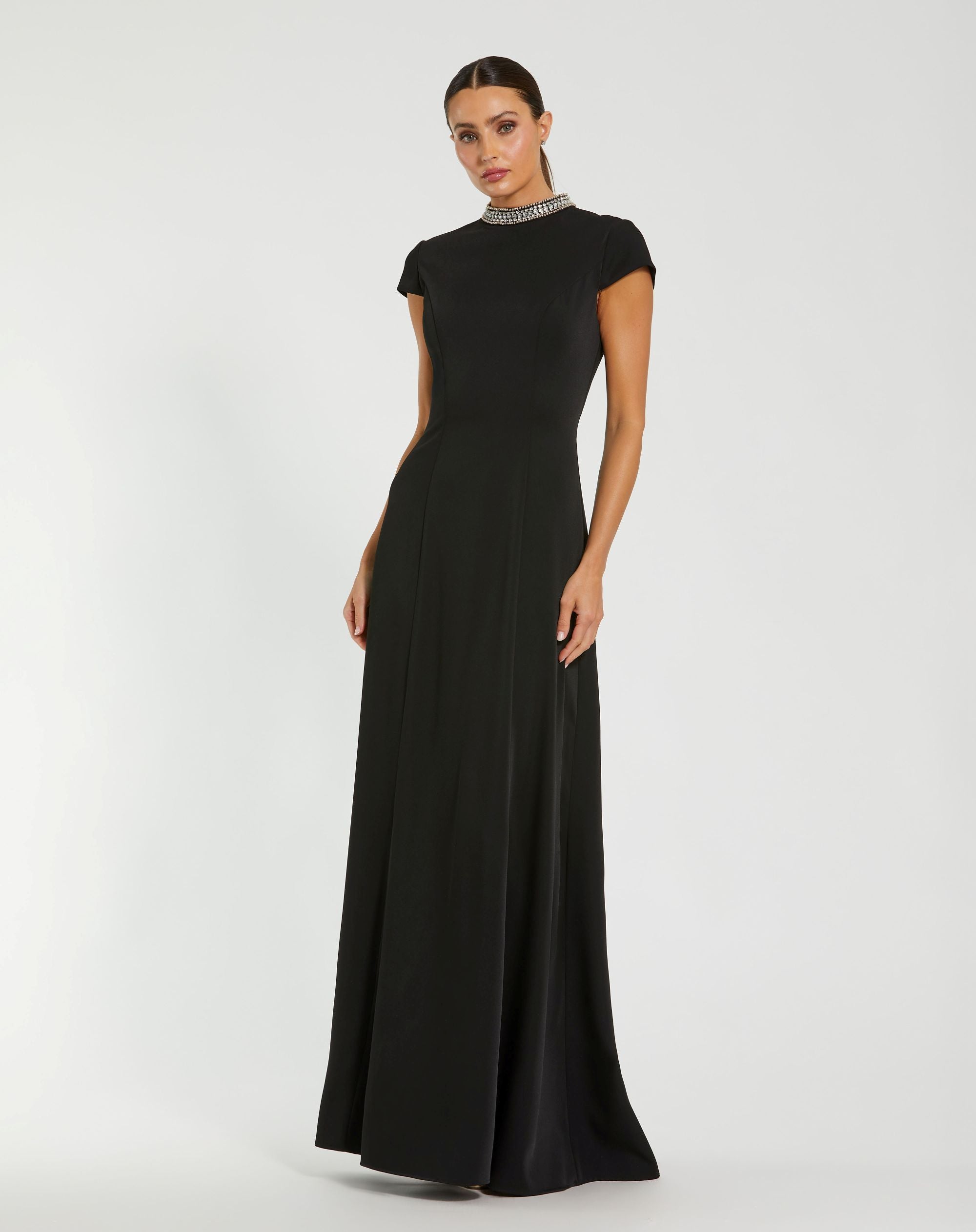 Image of Black Cap Sleeve Gown With Embellished Neckline