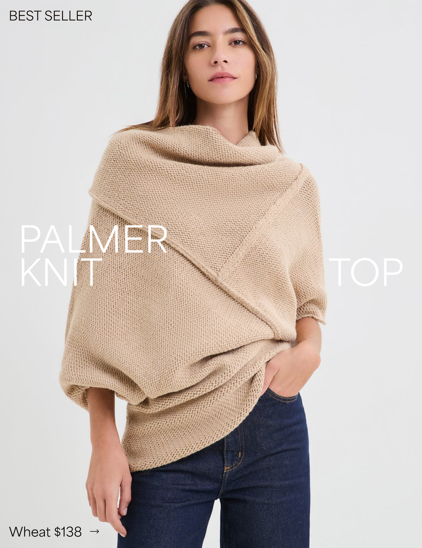 Rocio modeling The Palmer Knit Top in Wheat labeled as a BEST SELLER, priced at $138 →