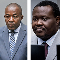 Alfred Yékatom, left, and Patrice-Edouard Ngaïssona, right, taken on Nov. 23, 2018 and Jan. 25, 2019 respectively when they appeared before the International Criminal Court (ICC) in The Hague, Netherlands. © Piroschka van de Wouw/ Koen Van Well/AP Photo
