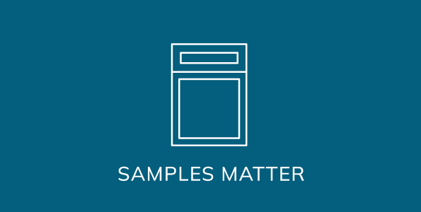 White outline box on blue background, 'SAMPLES MATTER'.