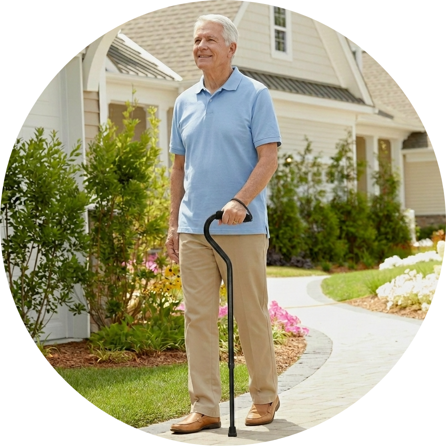 A man walking with the ergo offset walking cane