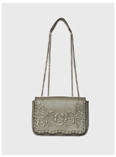Grey leather shoulder bag with embossed floral design