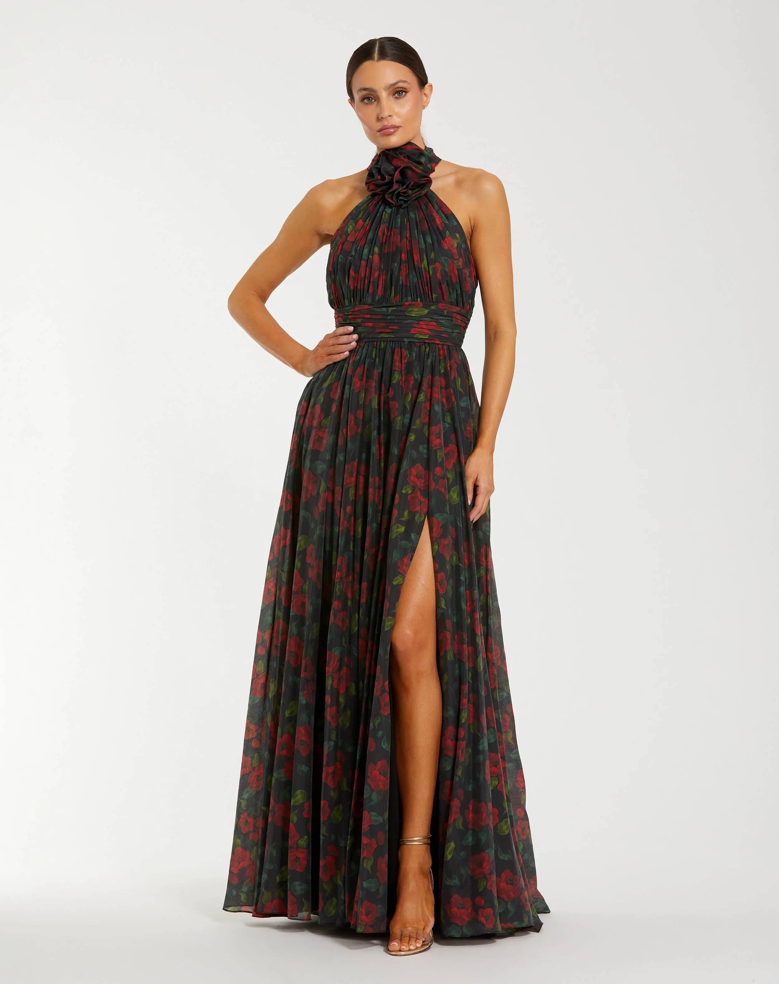 Image of Black Floral Print Halter Neck Gown with Rosette