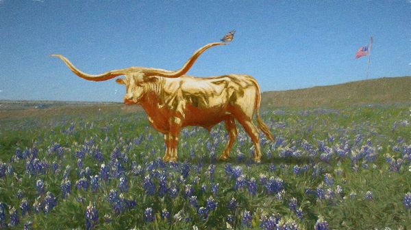 This illustration has a surreal, painterly style. It shows a golden longhorn cow standing in a field of blue wildflowers under a bright blue sky. A butterfly rests on one of its horns, adding a delicate contrast to the massive animal. In the distance, an A