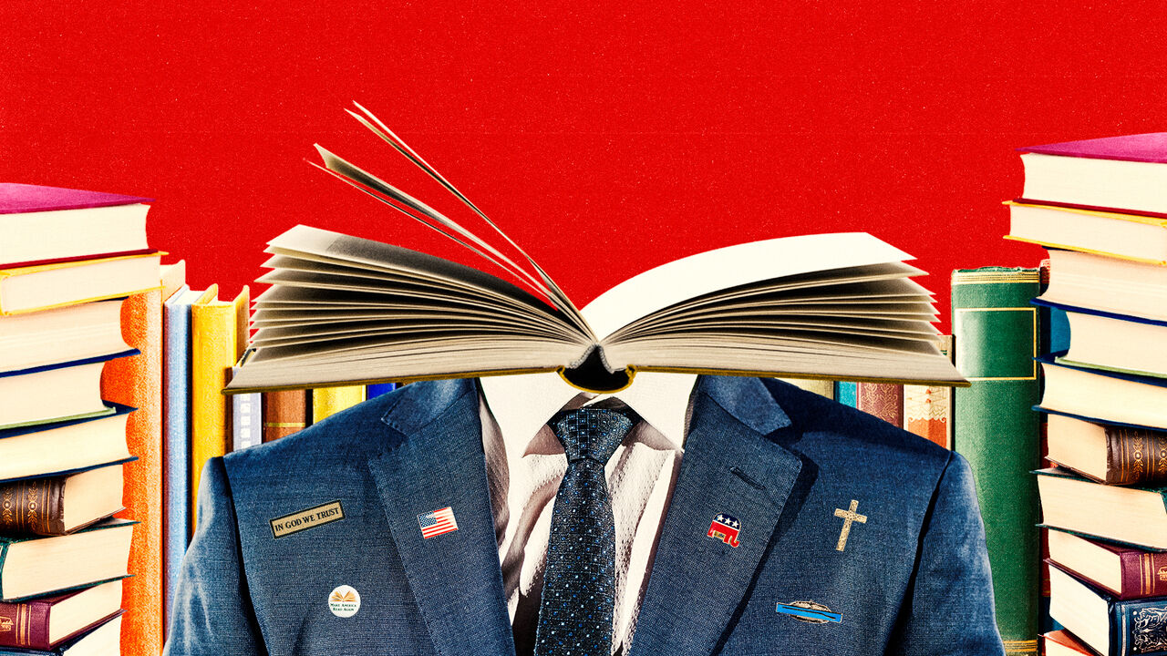 This illustration shows a person in a suit, but their head is an open book. The suit has various political and religious pins, like a U.S. flag, a cross, a GOP elephant, and “In God We Trust.” The background is bright red, with stacks of books on both 