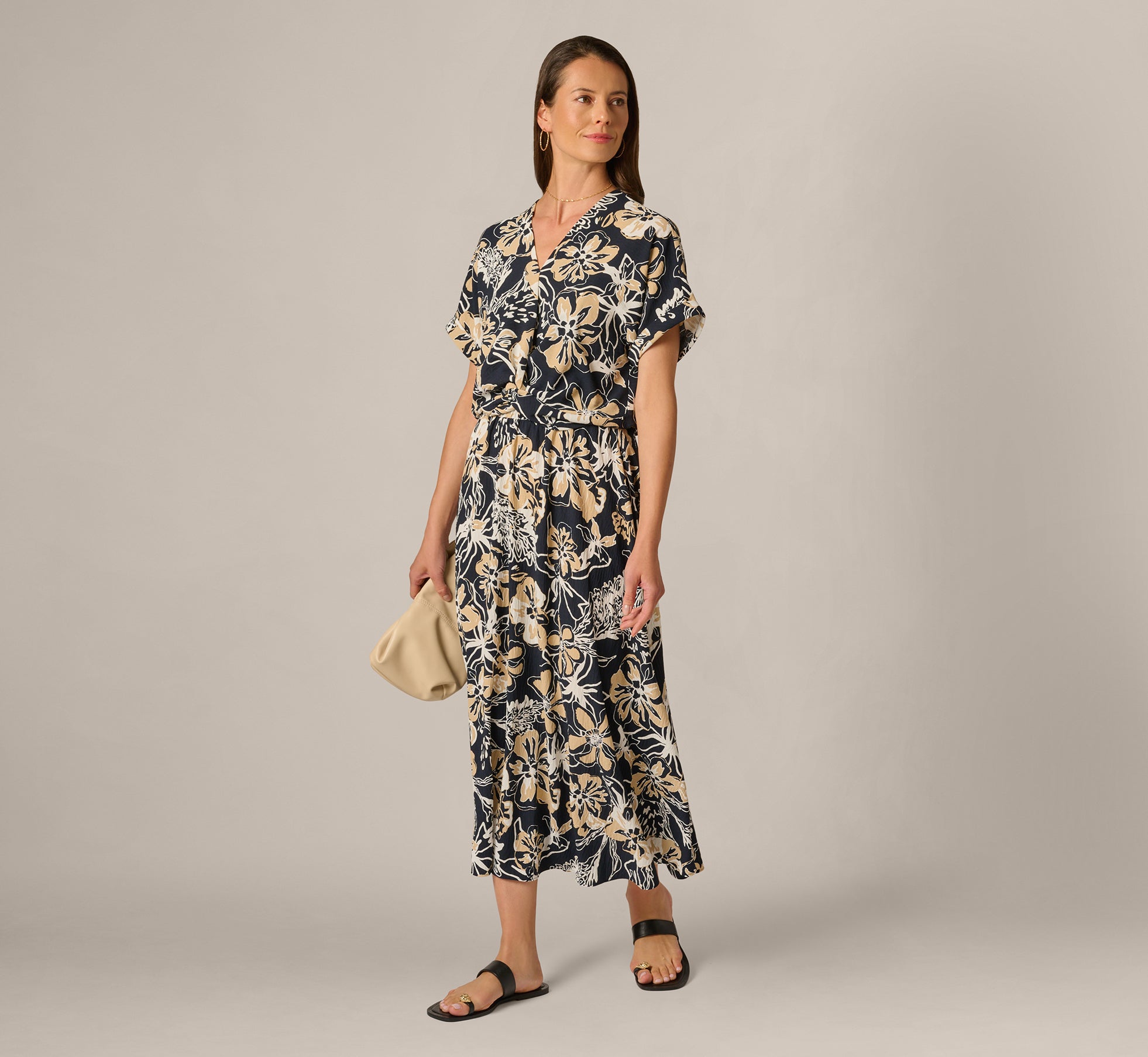 Image of Short Sleeve Open Twist Front Top In Navy Ivory Whimsical Floral
