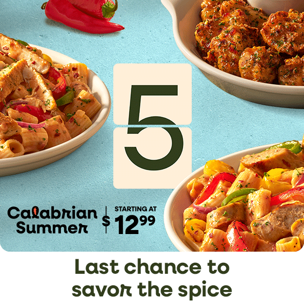 Olive Garden Calabrian pasta dishes with text reading “5 days” and “Last chance to savor the spice,” starting at $12.99.