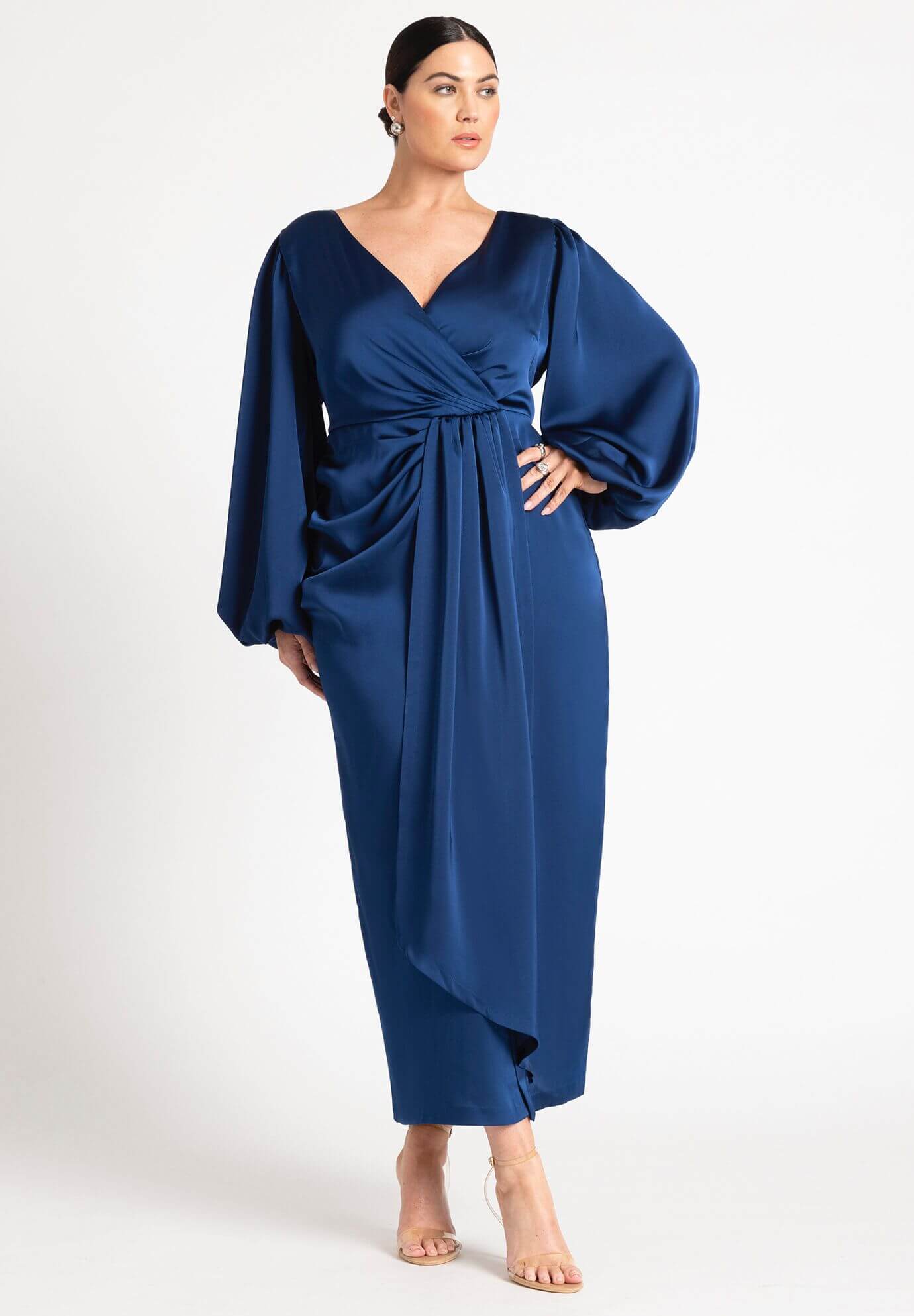 Satin Puff Sleeve Pleated Dress﻿