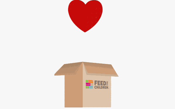Heart dropping into a Feed the Children box and expanding with multiple hearts